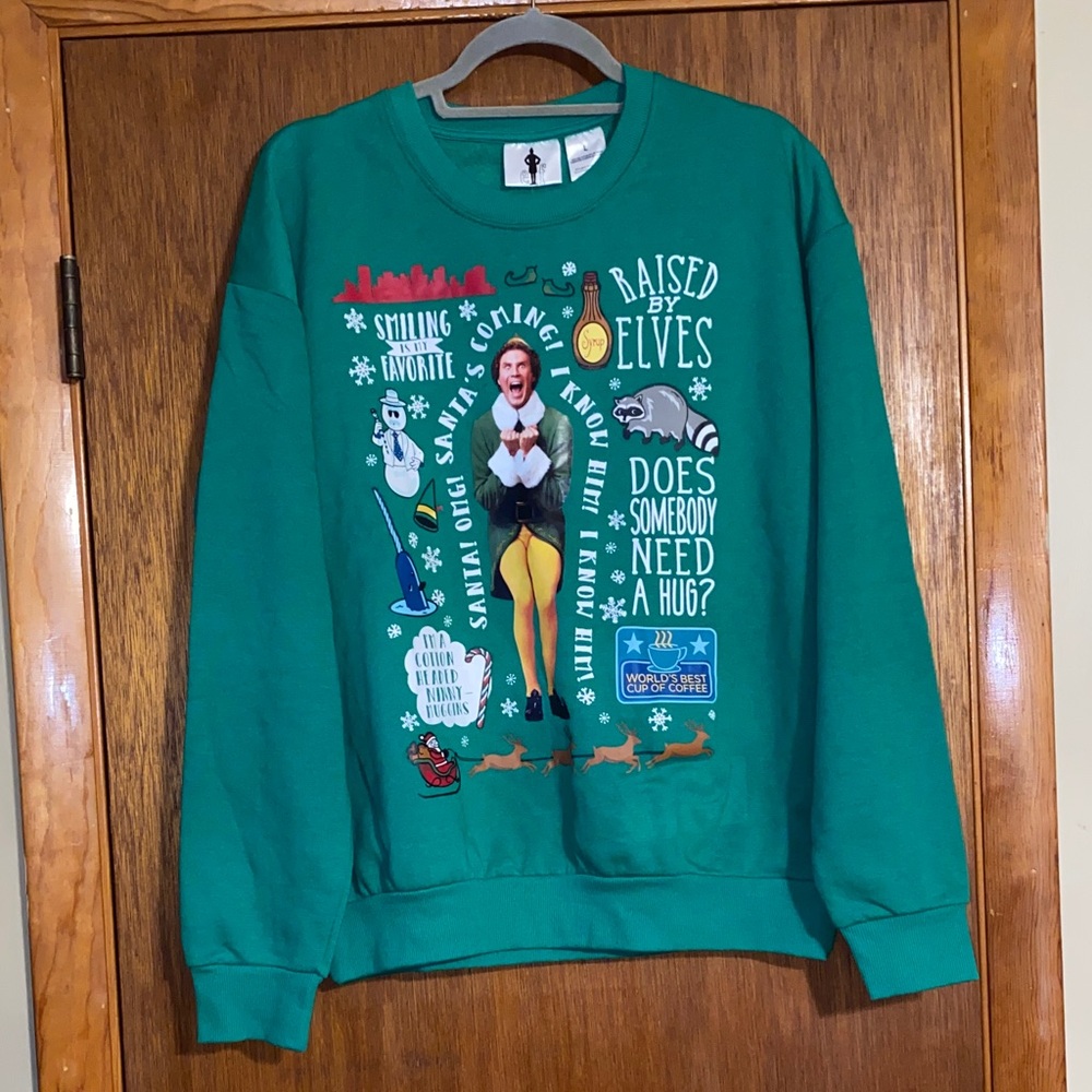 ELF Green Graphic Sweatshirt With Voice Of Buddy Saying I know Santa.